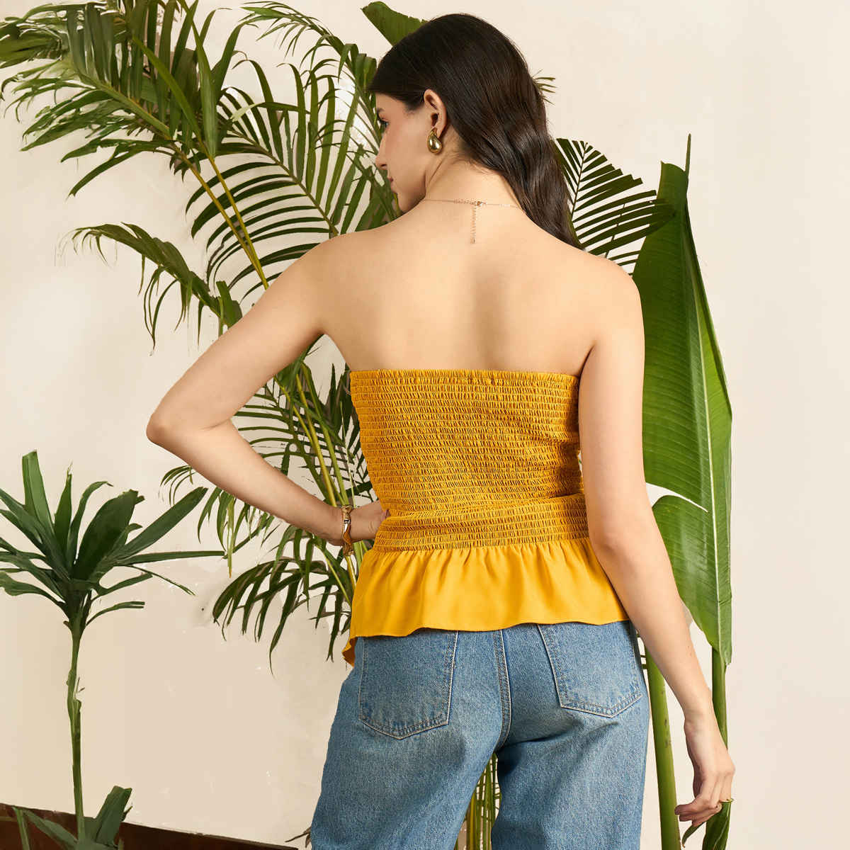 Uptownie Women's Smocked Bandeau Asymmetrical Top | Mustard Yellow - XL