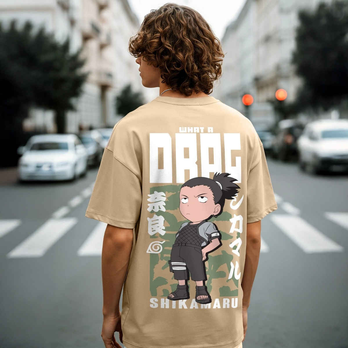 Bewakoof Men's Official Naruto Shikamaru Drag Graphic Printed Oversized T-shirt | Brown - 2XL