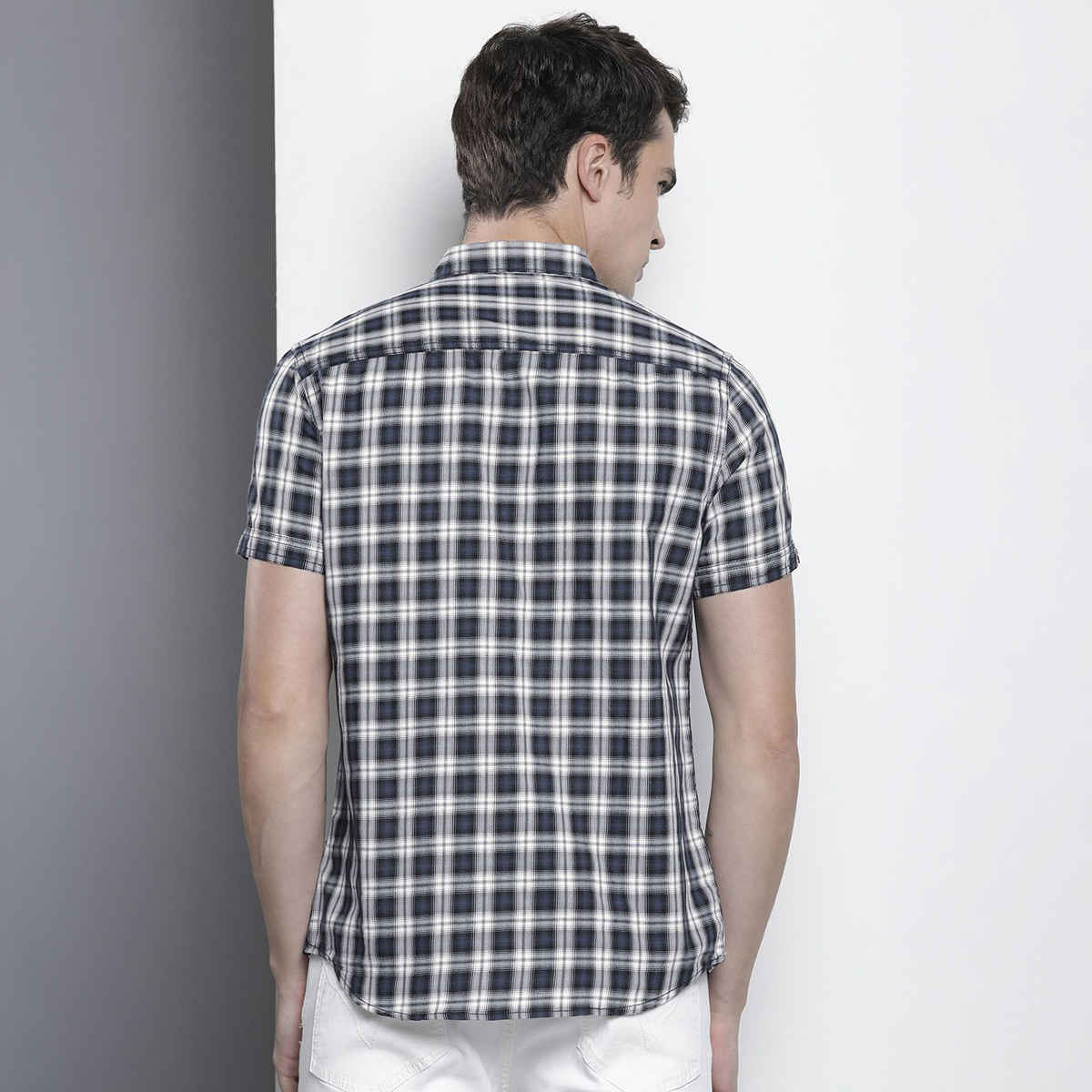 The Indian Garage Co Men's Slim Fit Checkered Casual Half Sleeve Shirt | Black - L