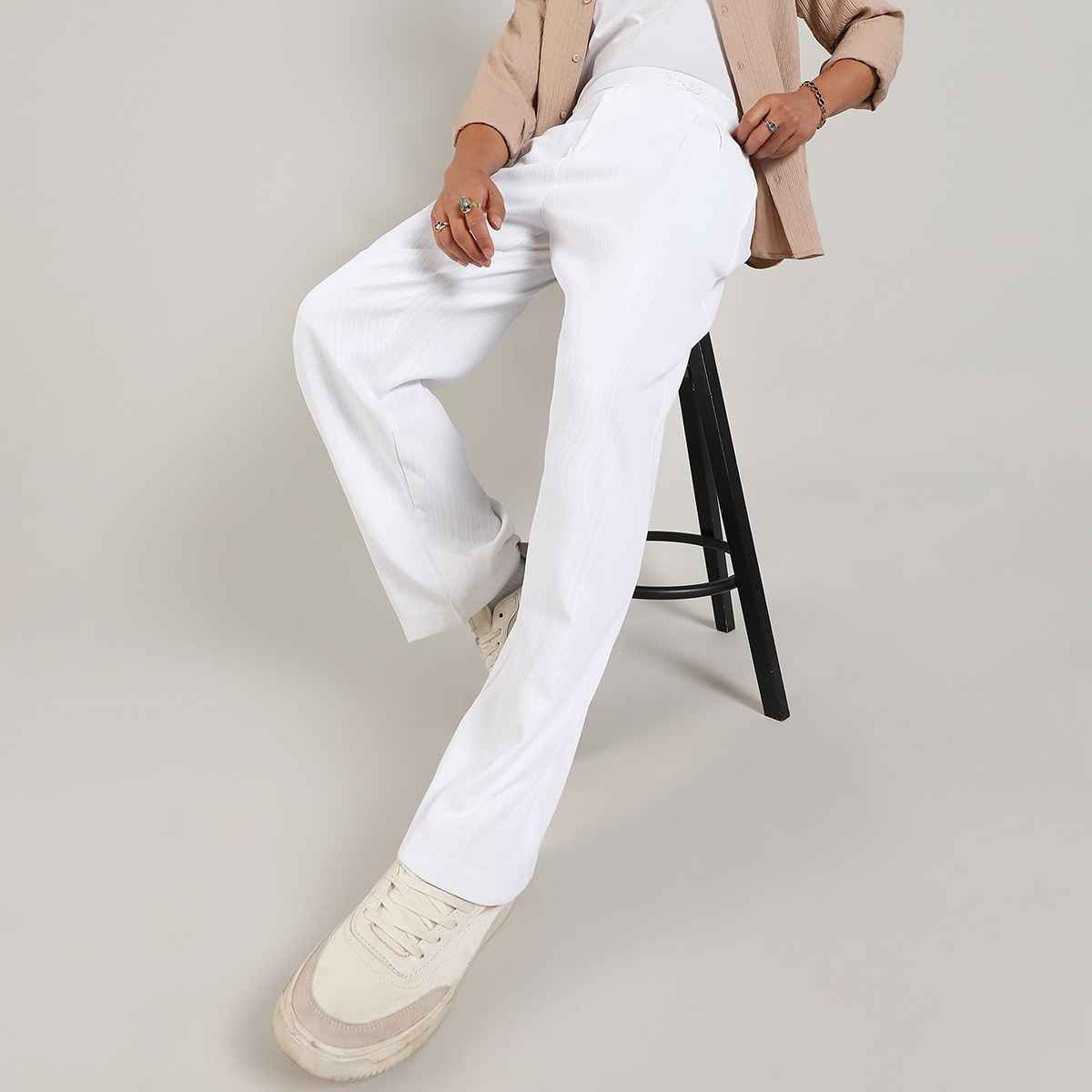 Campus Sutra Men's Tailored Linen-Blend Trousers | White - 36