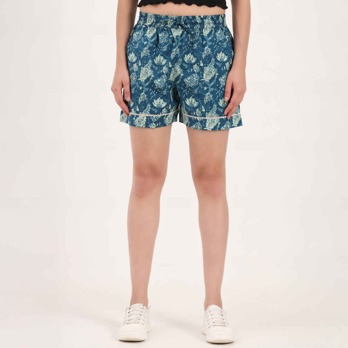 Divena Green Ethnic Motif Print Cotton Shorts for Women | DK0261 - S