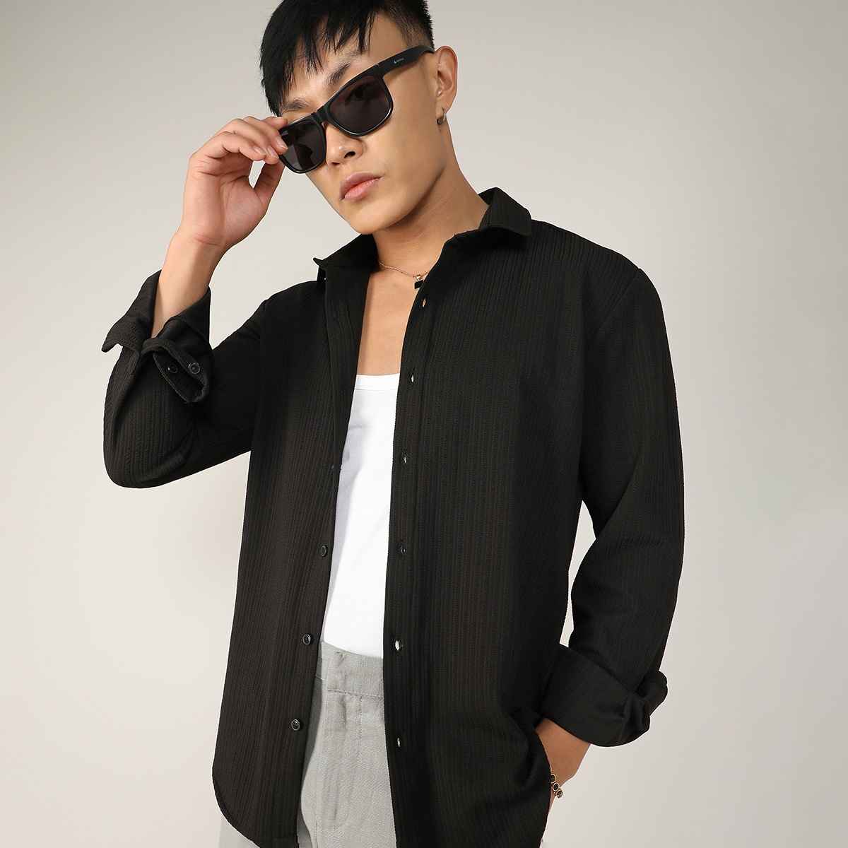 Campus Sutra Men's Stripe-Creased Shirt | Black - L