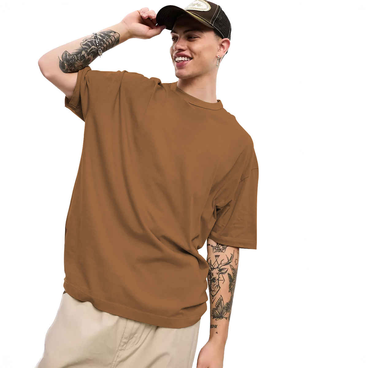 Chkokko Men's Oversized Solid Round Neck T-shirt | Golden Brown - S