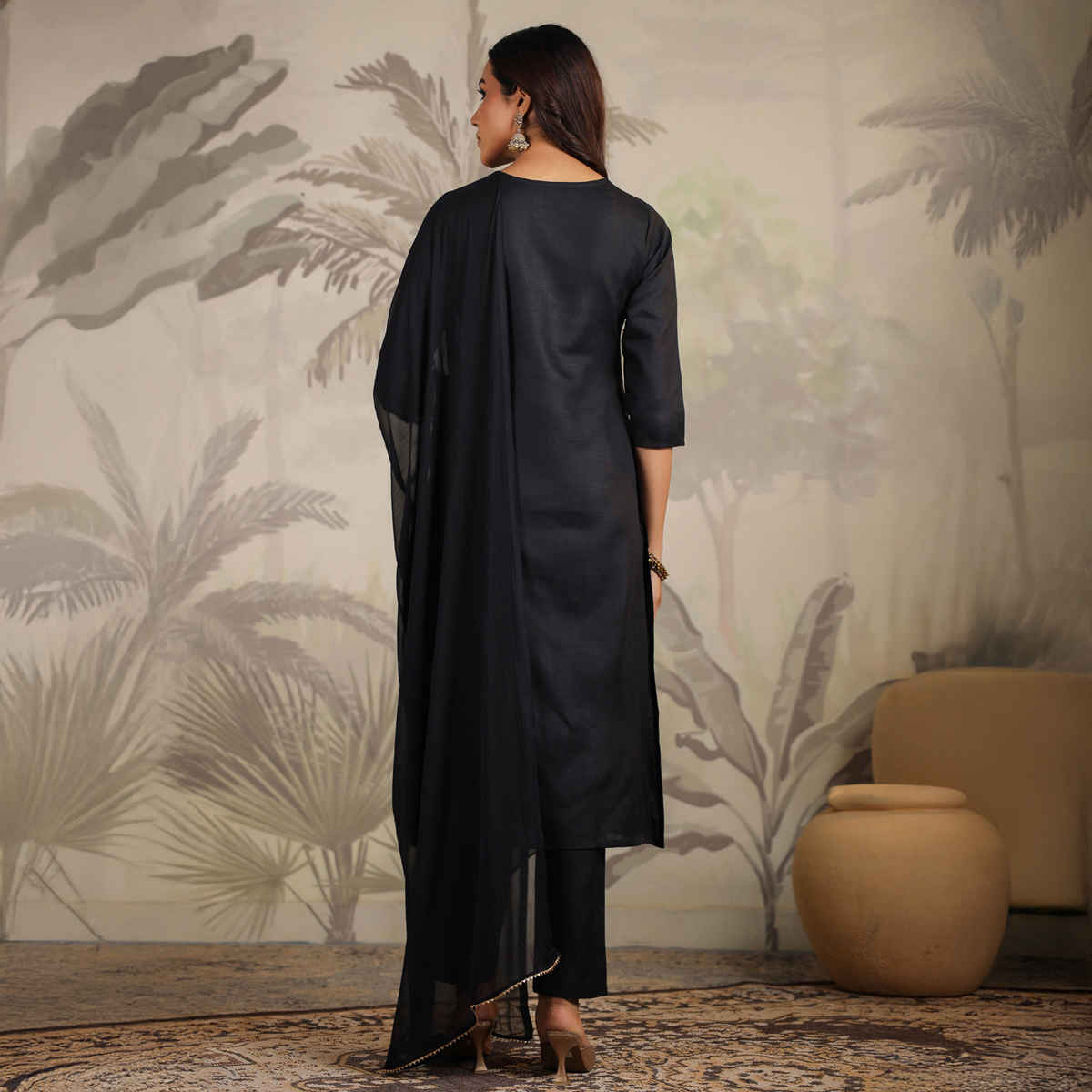 Janasya Women's Cotton Blend Yoke Embroidered Straight Kurta Set | JAC24ST02430 | Black - XL