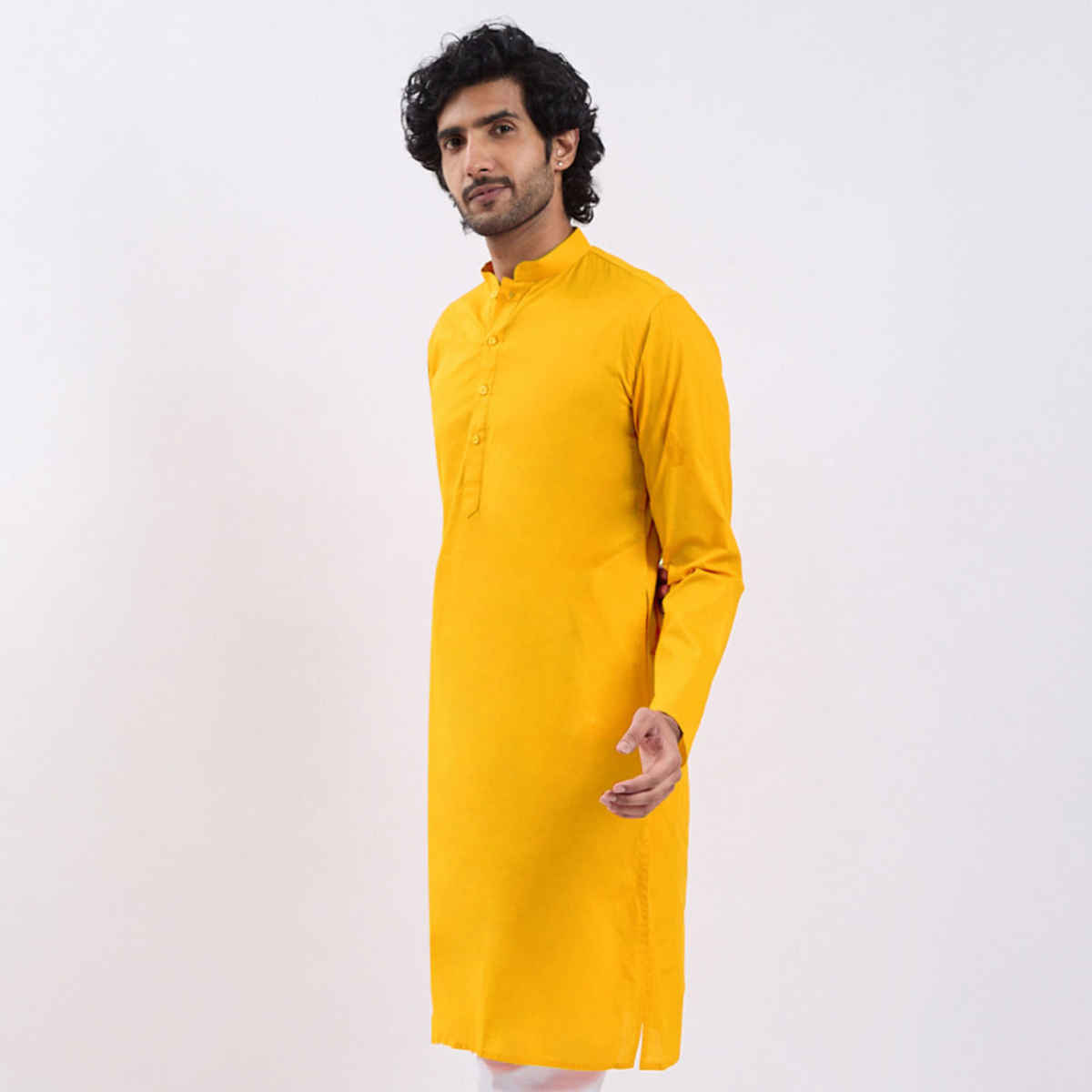 Vastramay Men's Cotton Blend Kurta | Yellow - M