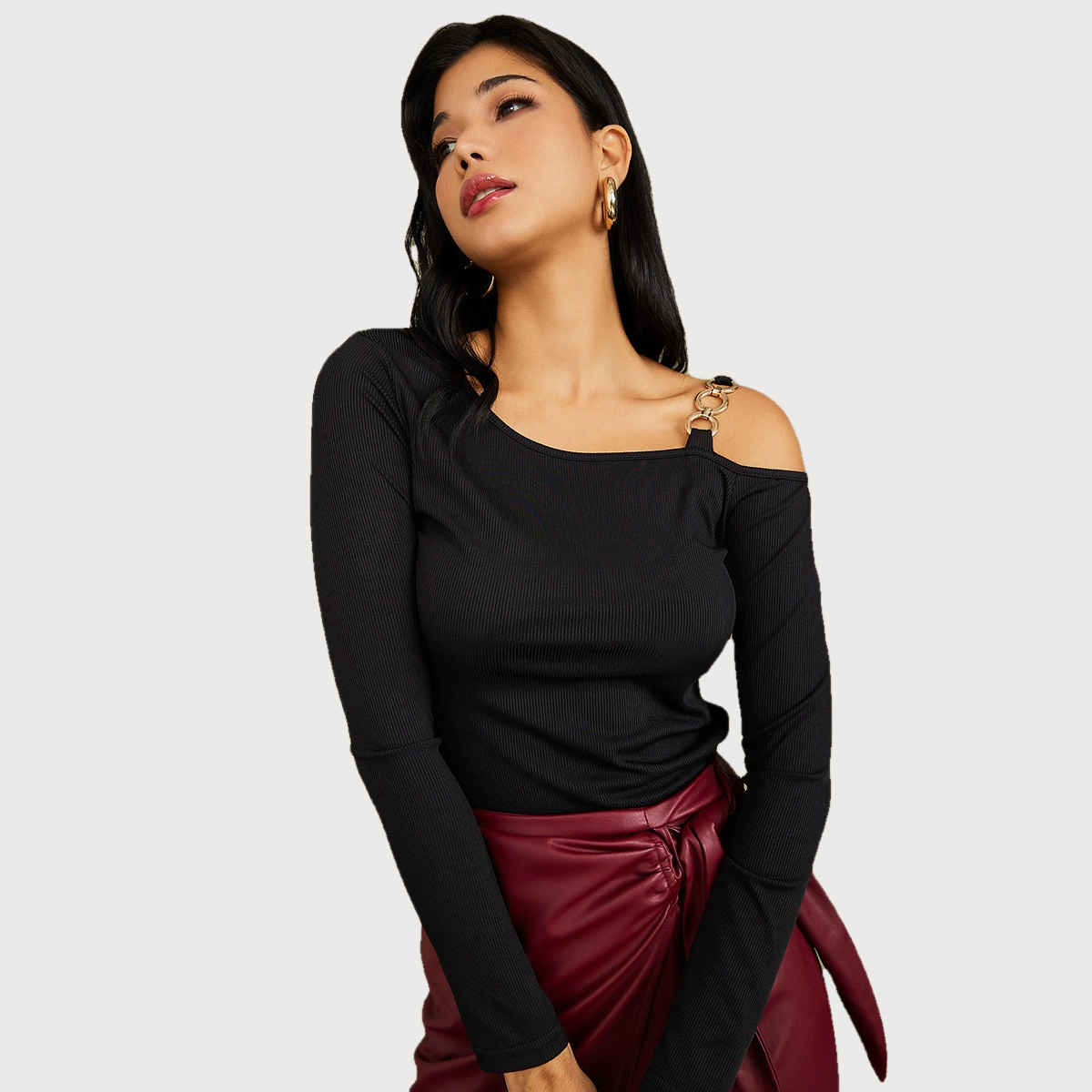 Styli Women's Fitted Knit Top with Asymmetric Neck and Chain Strap Detail | Black - XXL