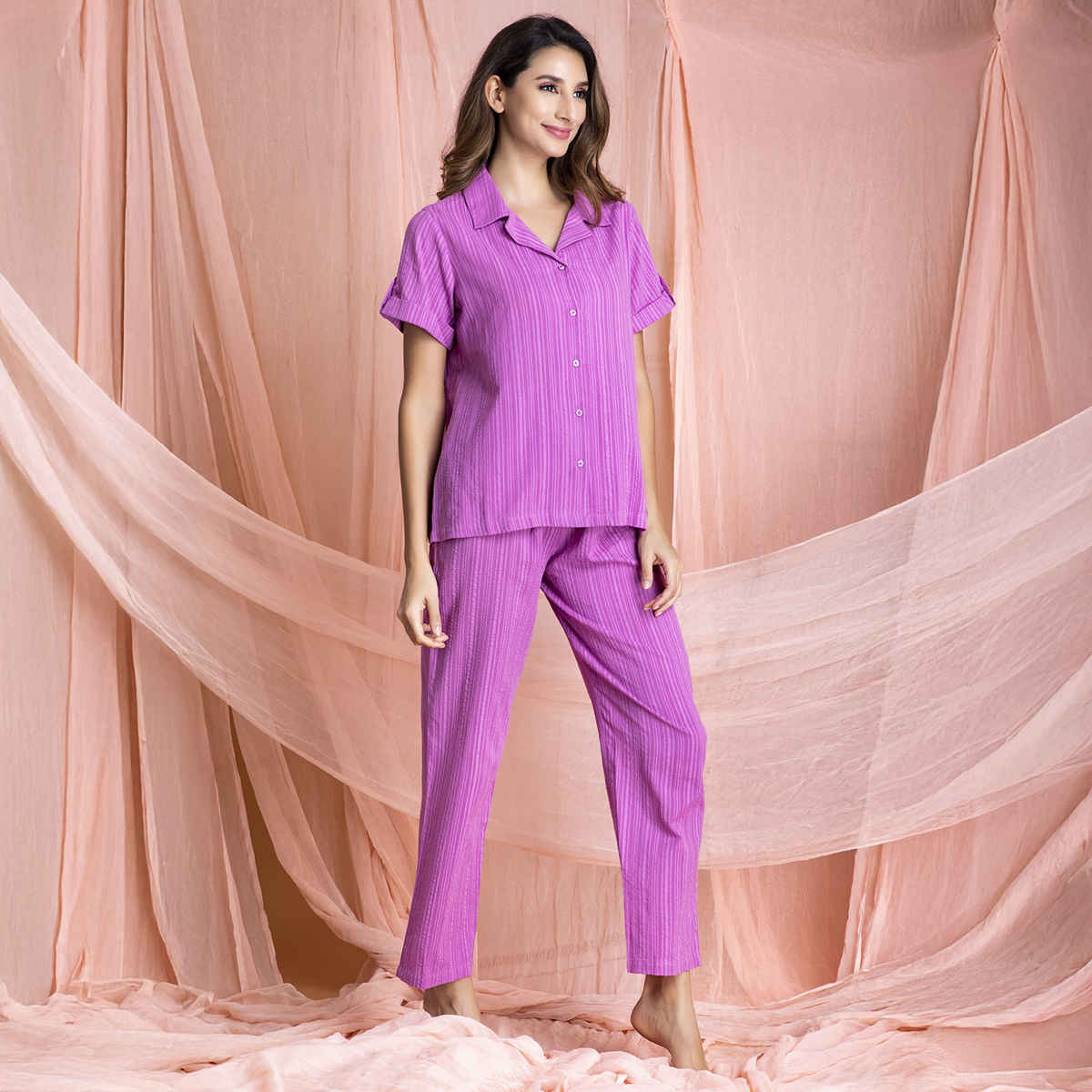 Clovia Sassy Stripes Cotton Button|Down Shirt and Pyjama Nightsuit | Purple | XL