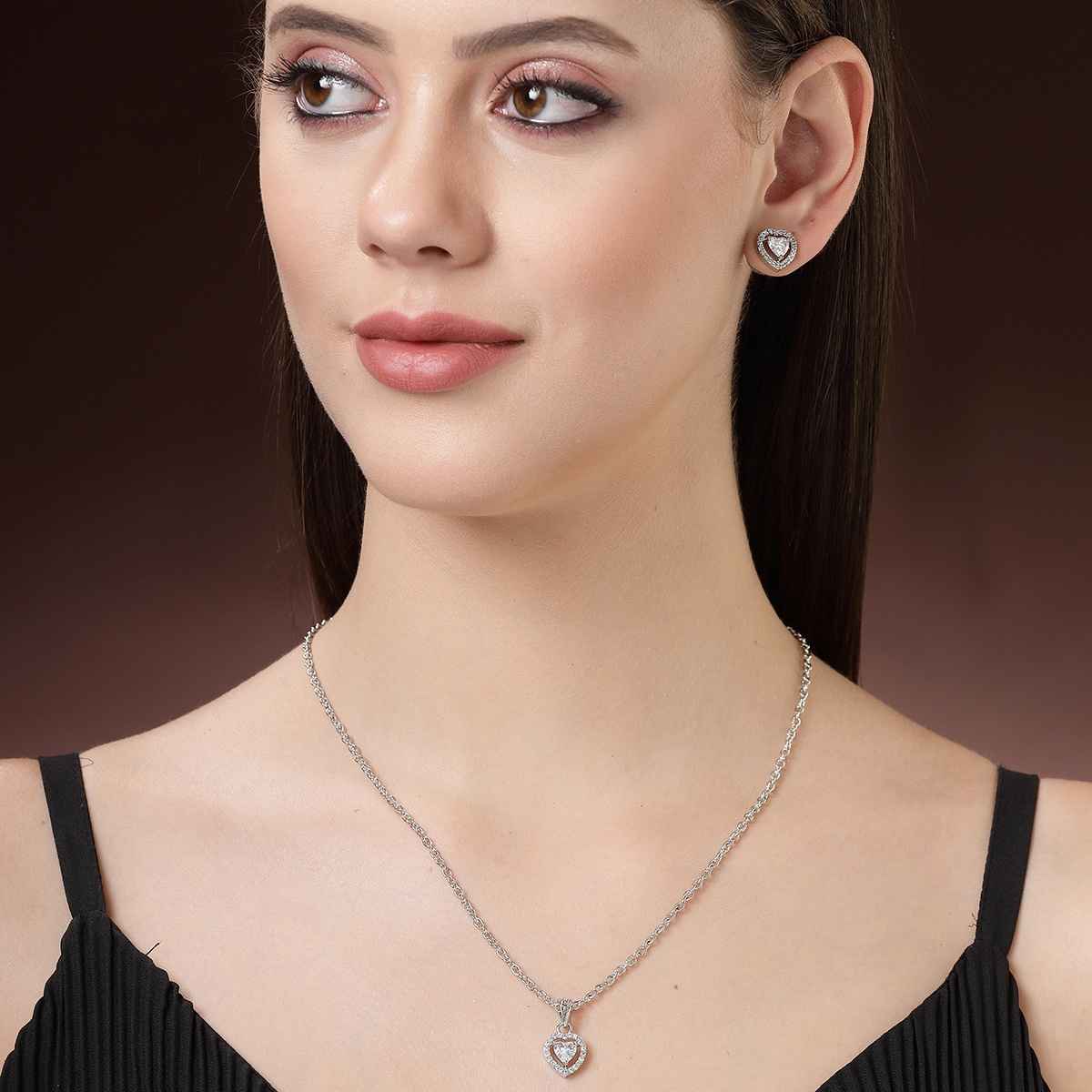 Zeneme Rhodium-Plated American Diamond Studded Necklace and Earrings For For Women & Girls