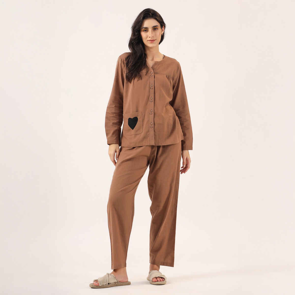 Sanskrutihomes Mandarin Collar Pure Cotton Night Suit | Brown - S