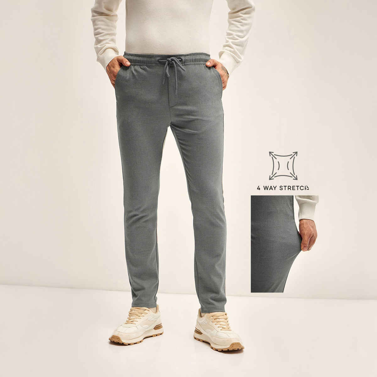 The Bear House Men 4 Way Stretch Solid Formal Trouser - Fueng | Grey | 30