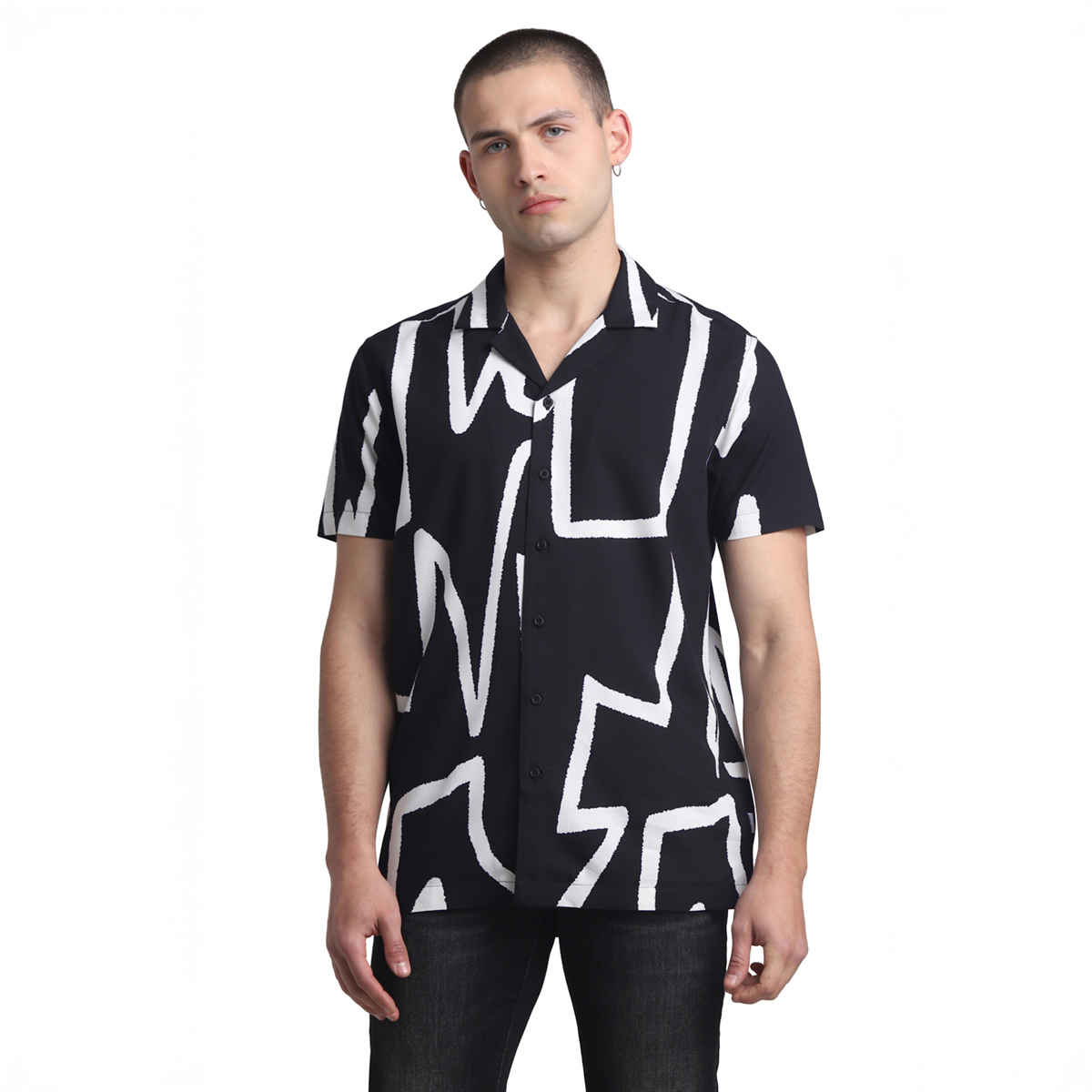 JACK & JONES Men's Abstract Print Short Sleeves Shirt | Black - L
