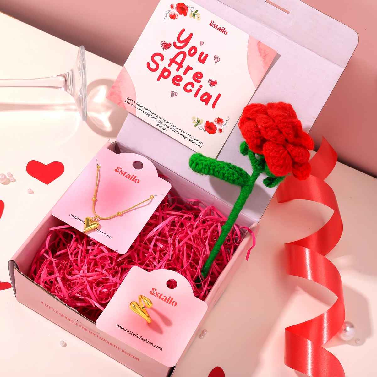 Estailo Fashion Jewellery Combo Necklace & Ring with Rose | Women's Day