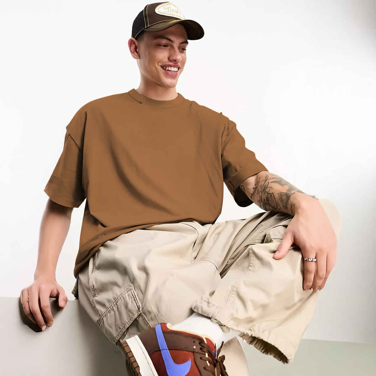 Chkokko Men's Oversized Solid Round Neck T-shirt | Golden Brown - S