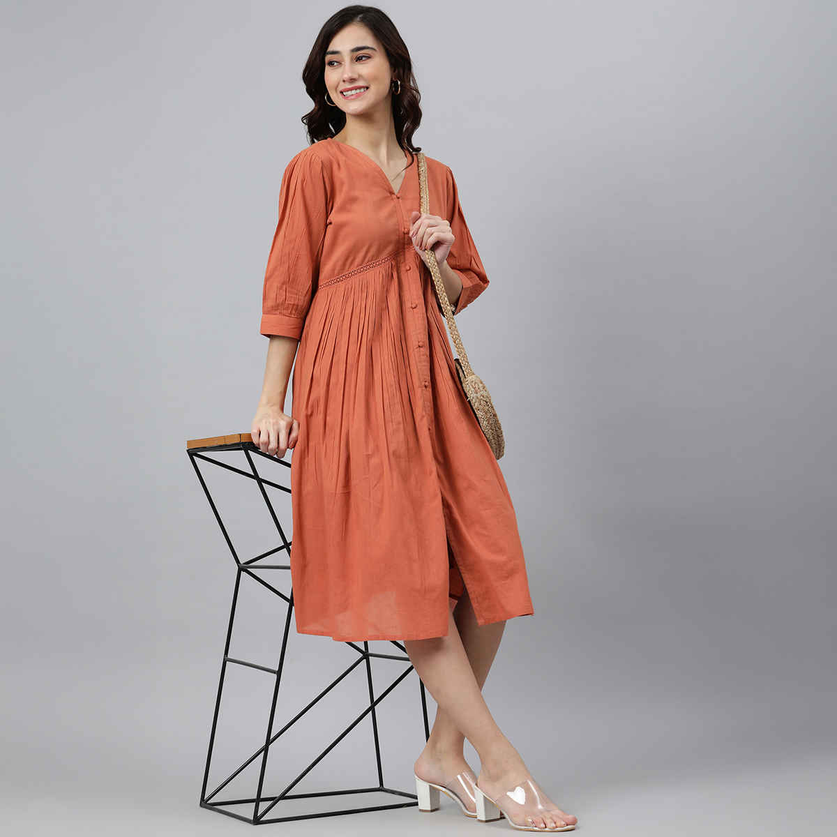 Janasya Women's Coral Orange Pure Cotton Solid Flared Dress - XL