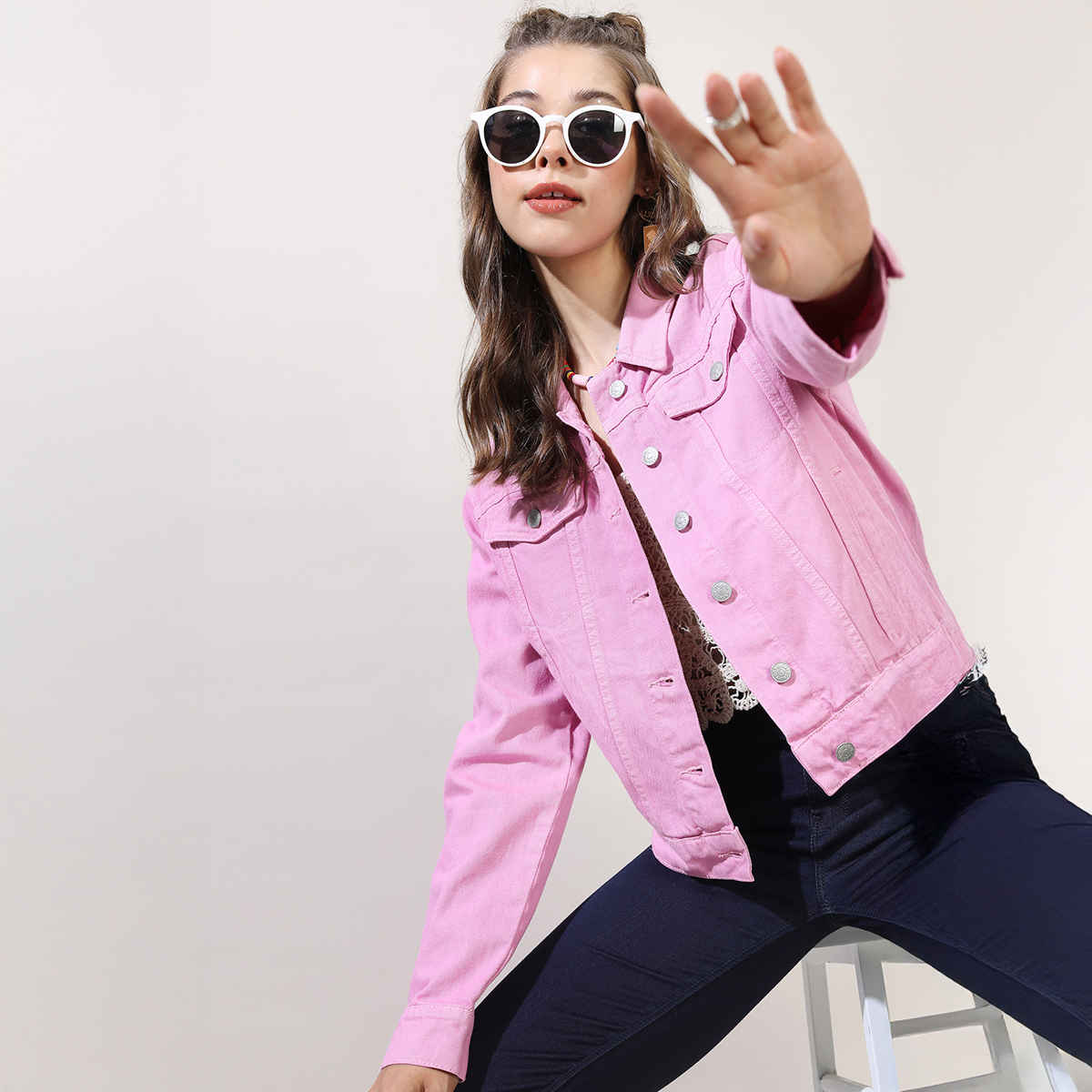 Tokyo Talkies Women's Solid Denim Jacket | Pink - L