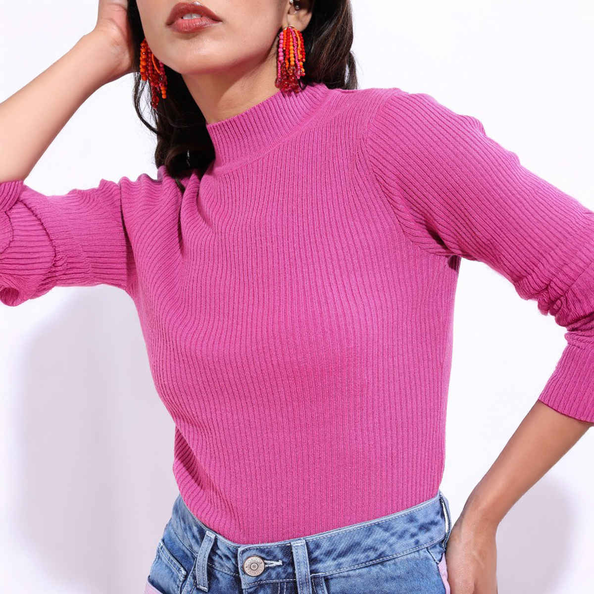 Ketch Women High Neck Long Sleeve Sweater | Pink | XL