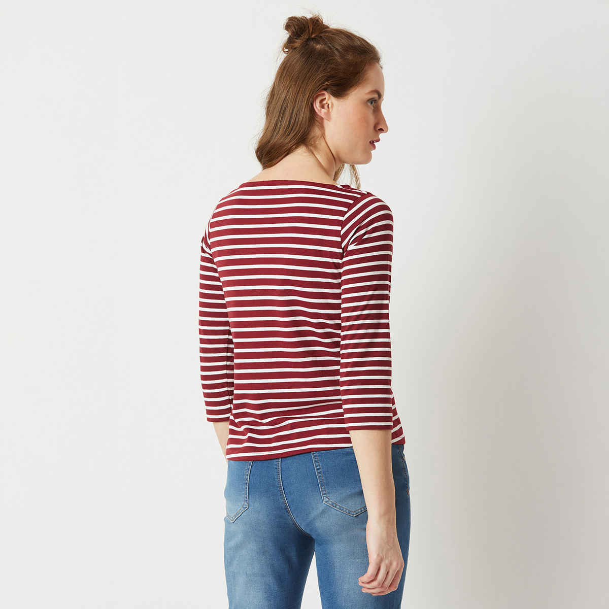 Miss Chase Women Boat Neck 3/4 Sleeve Cotton Striped Top | Maroon & White | L