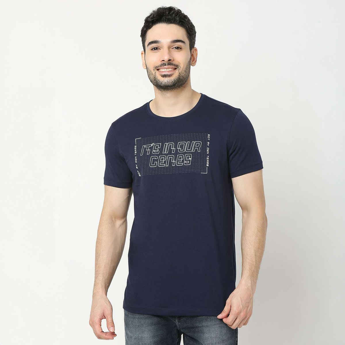 Underjeans by Spykar Men Pure Cotton T-shirt | Navy - L