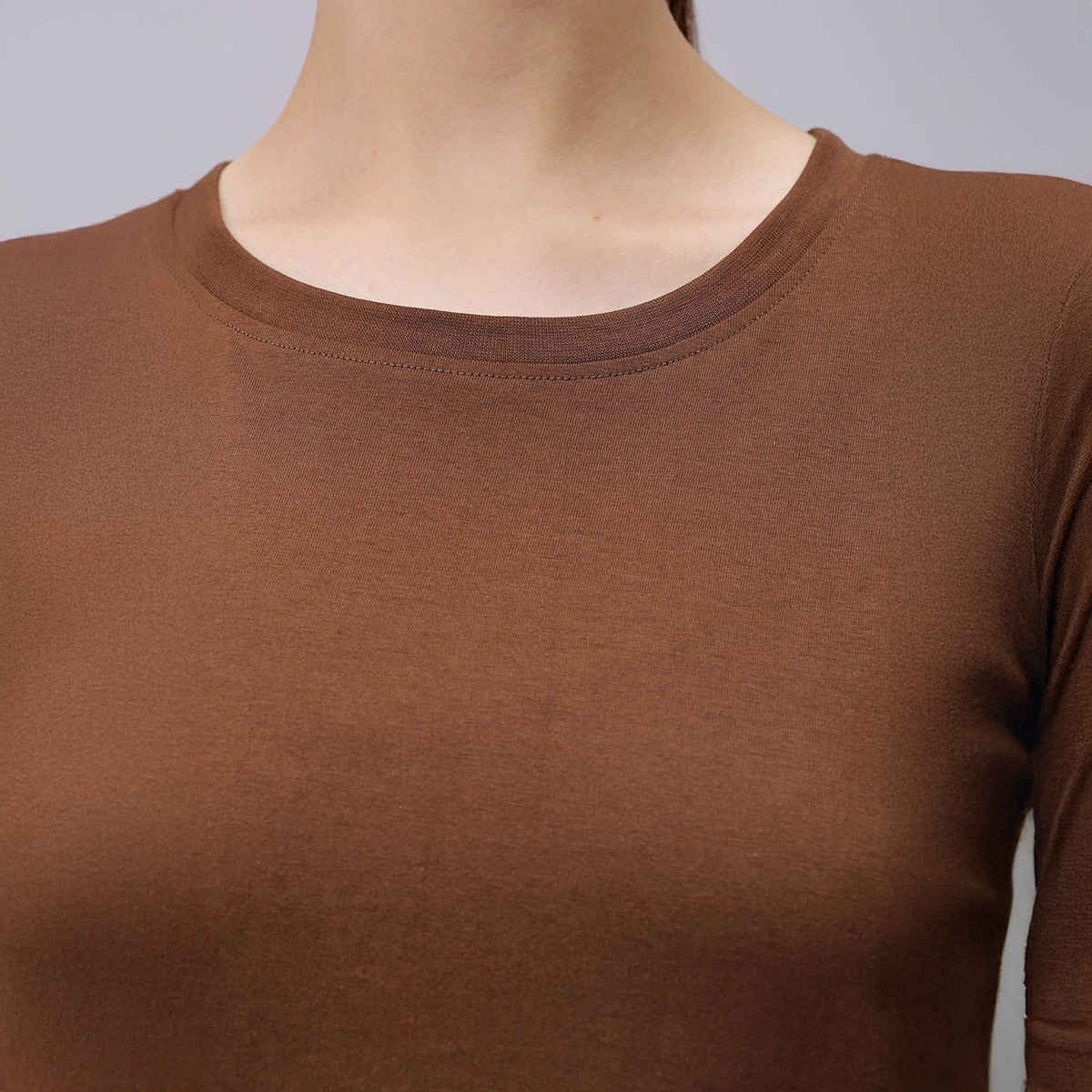 Freehand Women's Casual Regular Solid Crew Neck T-shirt | 0424-Zfhcntee3-09 | Sepia - L