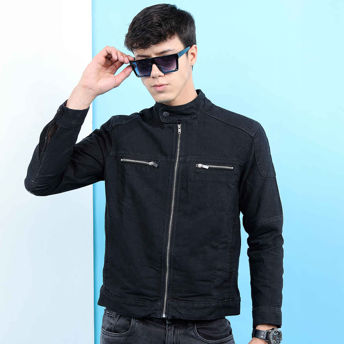 Highlander Men's Black Solid Denim Jacket | Black - M