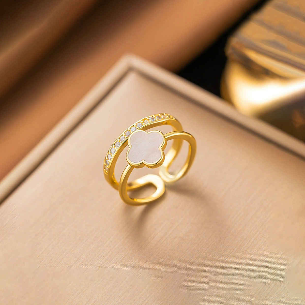 Label She Gold Plated Stainless Steel Clover Adjustable Ring | LS-RNG-72177