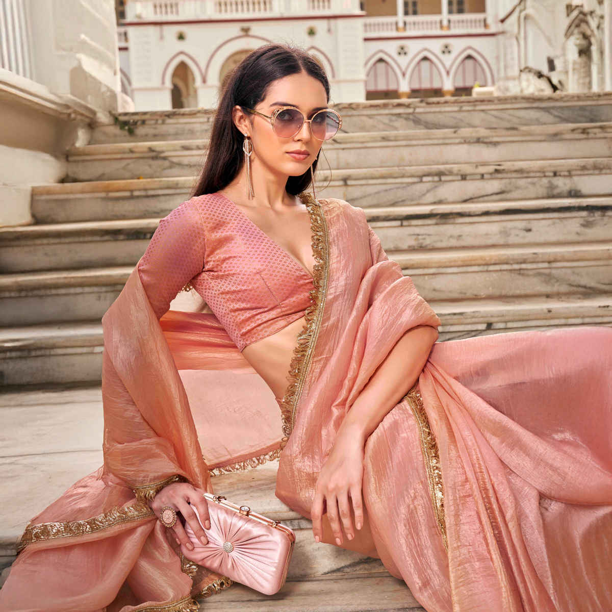 Tikhi Imli Women's Crushed Organza Saree With Unstitched Blouse | Peach