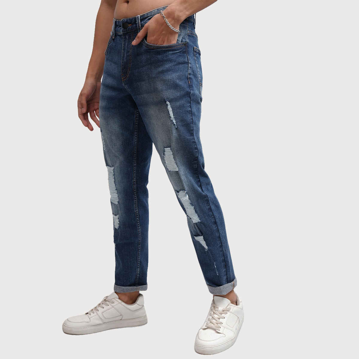 Ketch Men Tapered Fit Mildly Distressed Heavy Fade Stretchable Jeans | Blue | 32