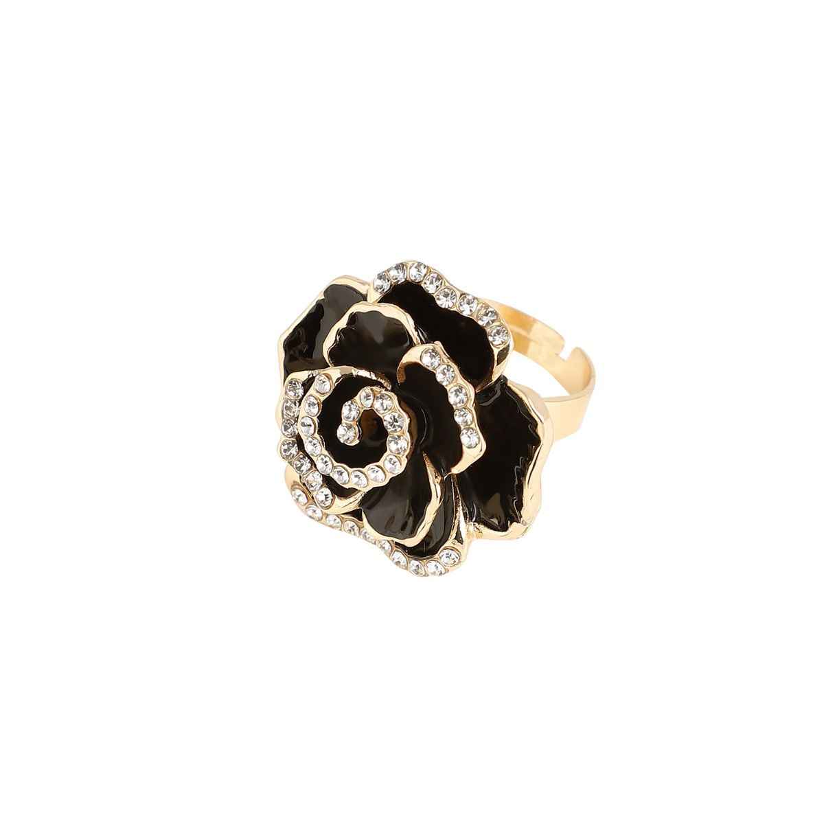 Sohi Gold-Plated Stone Studded Black Rose Shape Finger Ring For Women's