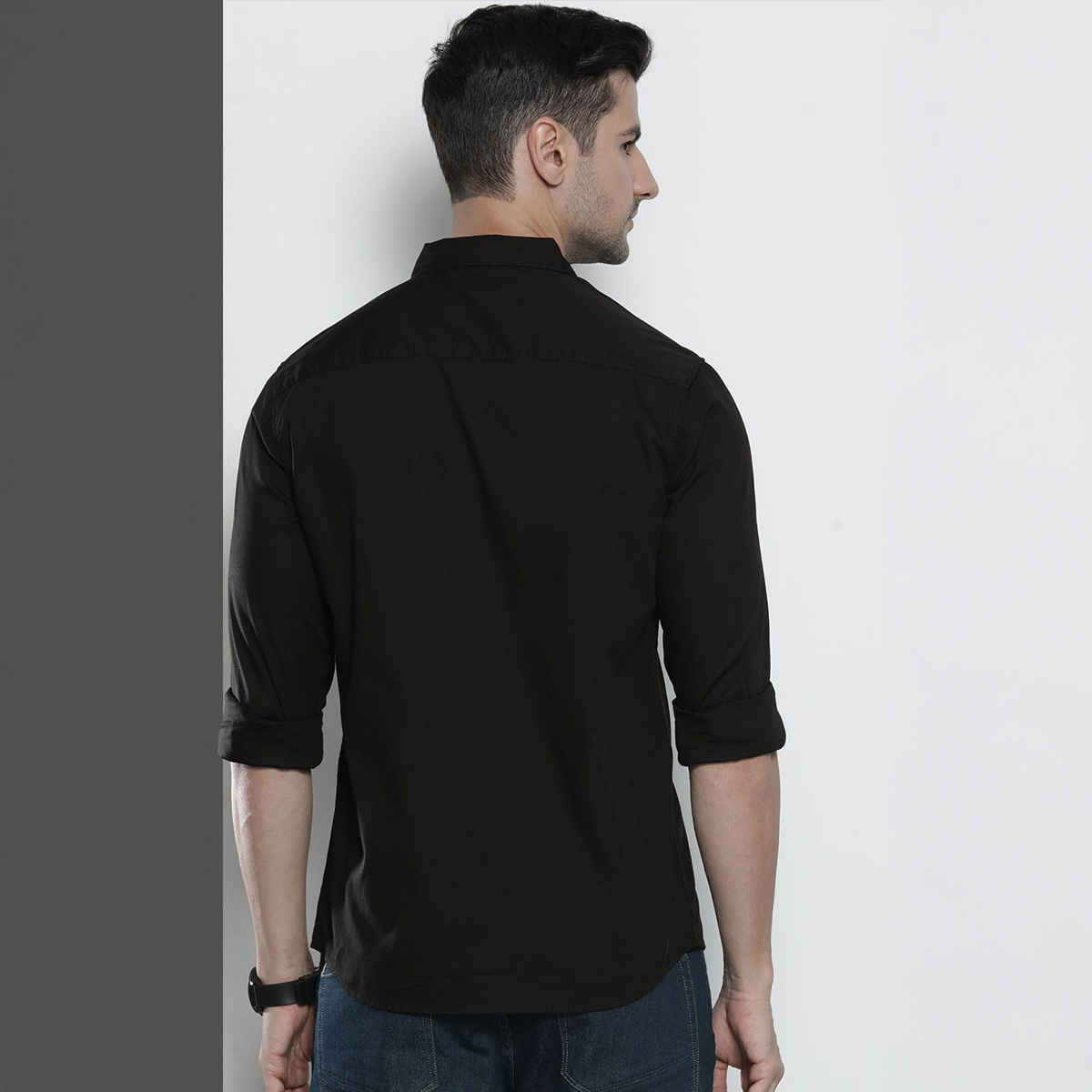 The Indian Garage Co Men's Slim Fit Solid Casual Shirt | Black - S