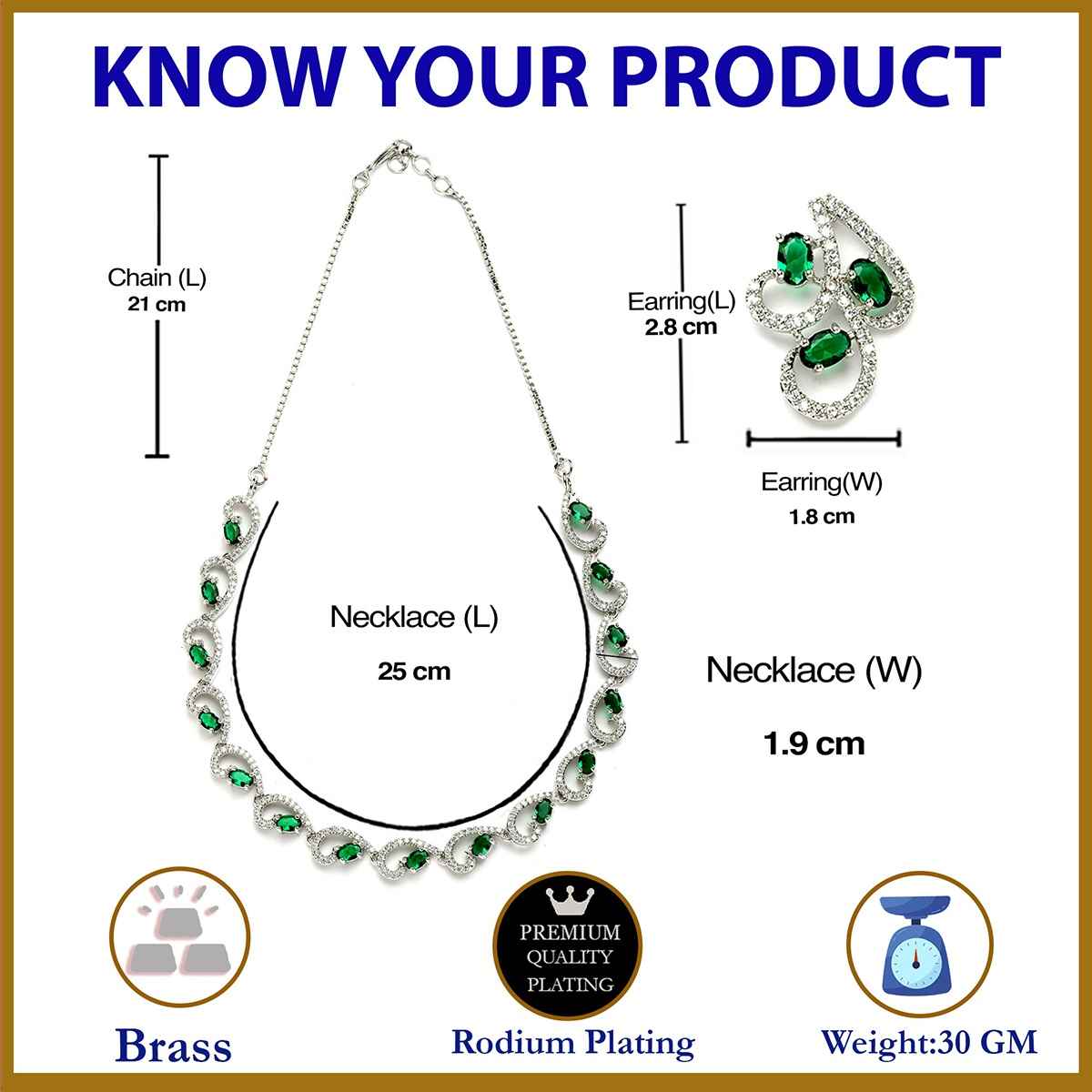 Zeneme Rhodium-Plated Silver-Toned Green American Diamond Necklace Set & Earrings For Women & Girls