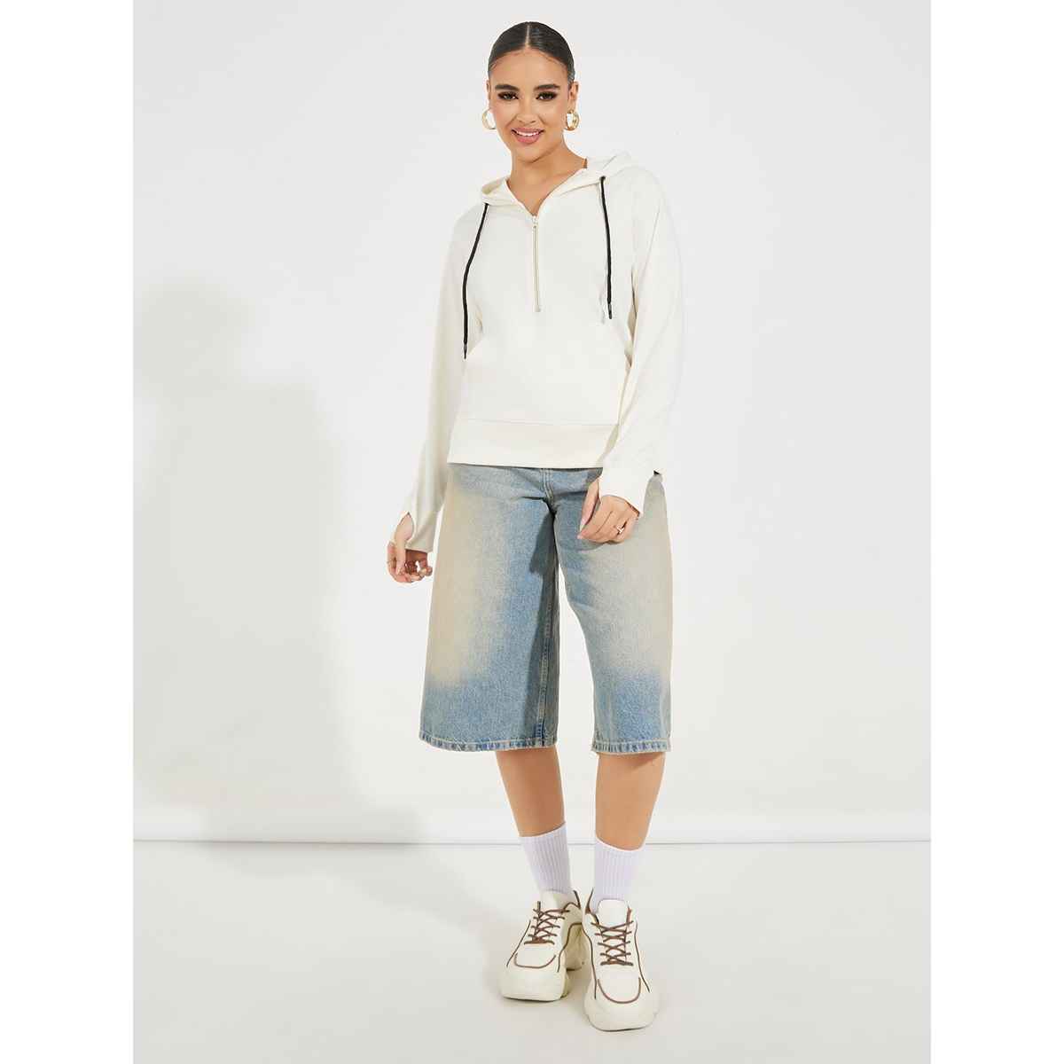 Styli Women's Regular Length Regular Fit- Half Zipper Sweatshirt Hoodie | Off White - M
