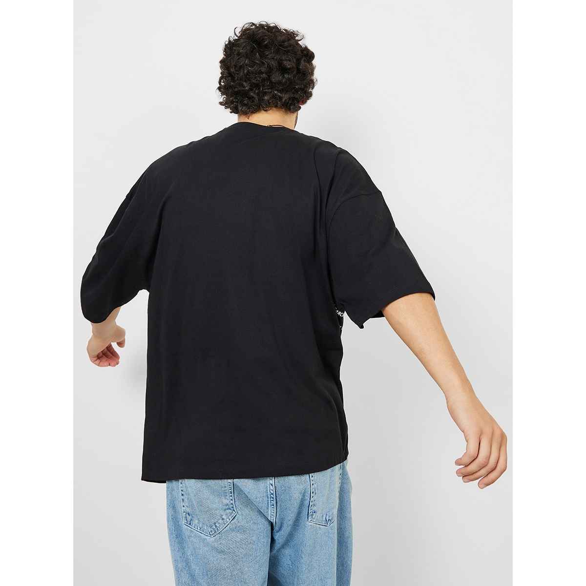 Styli Men's Boxy Fit Tee with Front and Back Text Print | Black - L