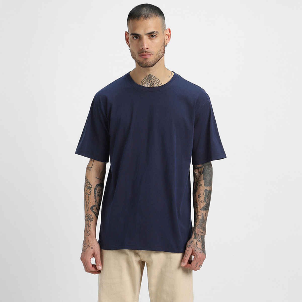 Veirdo Pure Cotton Oversized Fit Round Neck Navy T-Shirt For Men - XL