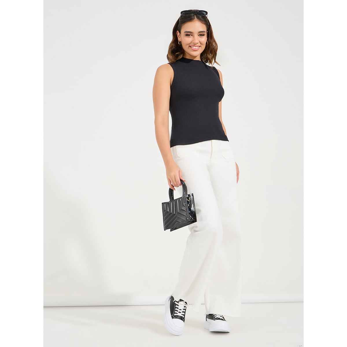 Styli Women Black Ribbed High Neck Fitted Tank Top L | 7007870301