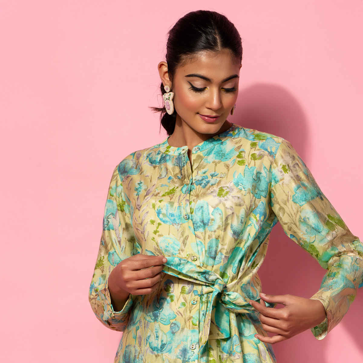 Libas Women's Printed Silk Blend Co-Ords | Green - L