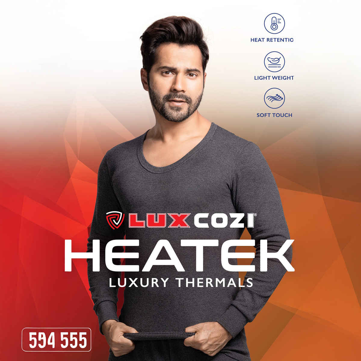 Lux Cozi Men's Heatek Thermal Comfort, Stretchable & Super Warm V-Neck Top | Black Melange-90
