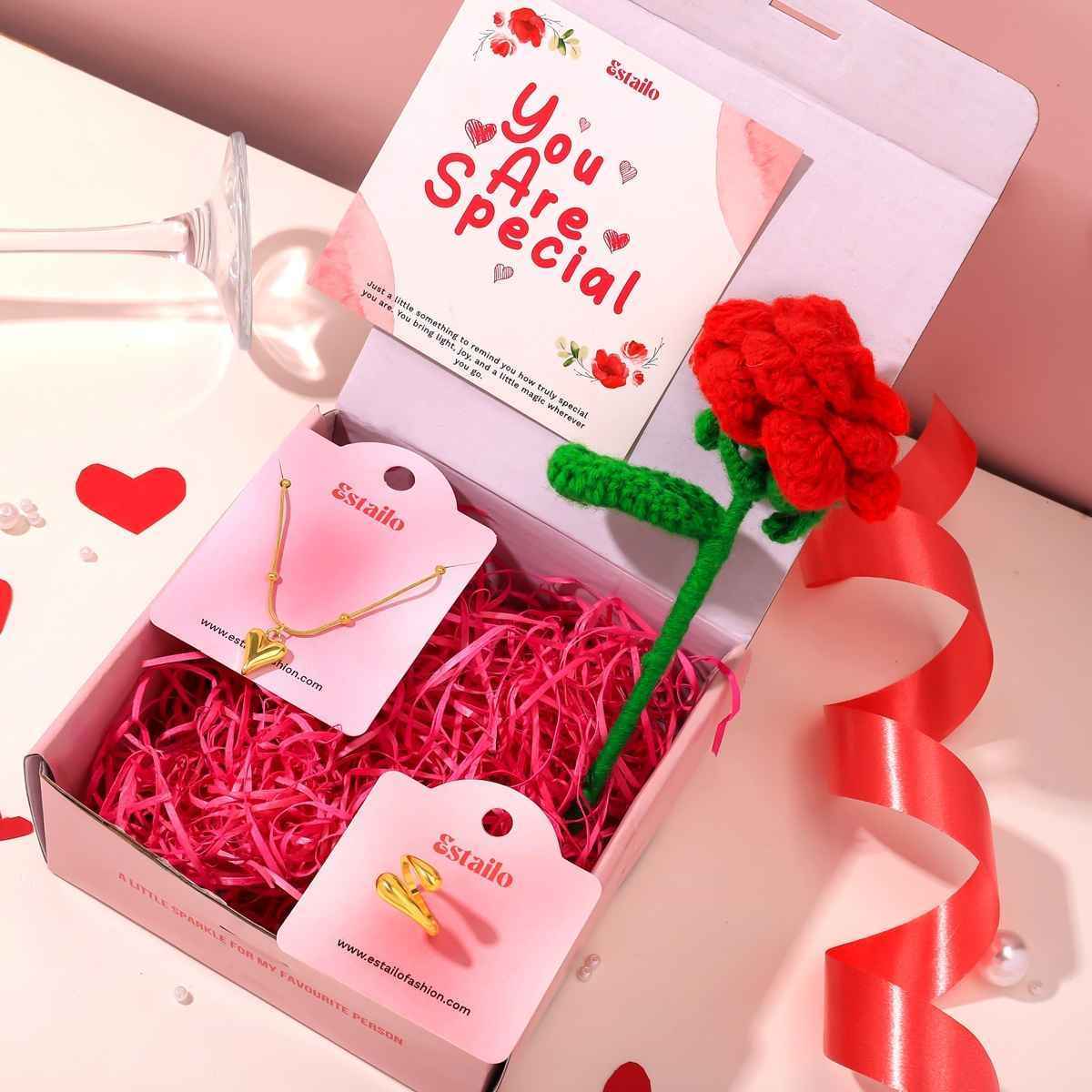 Estailo Fashion Jewellery Combo Necklace & Ring with Rose | Mother's Day