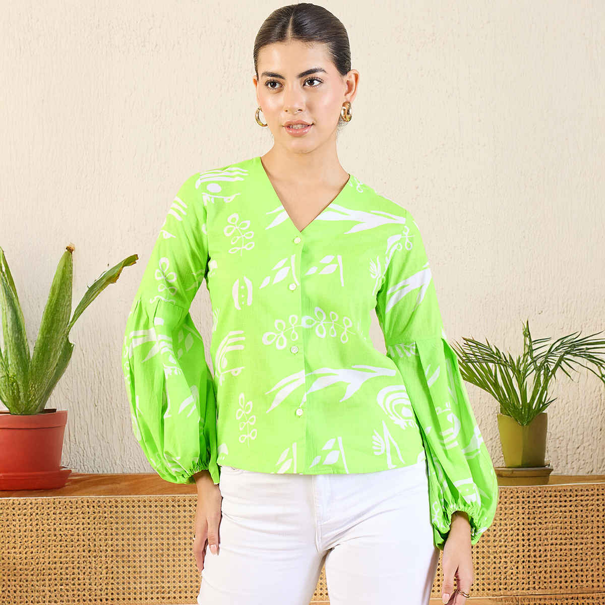 Uptownie Women's Printed Cotton Shirt with Balloon Sleeves | Green - L