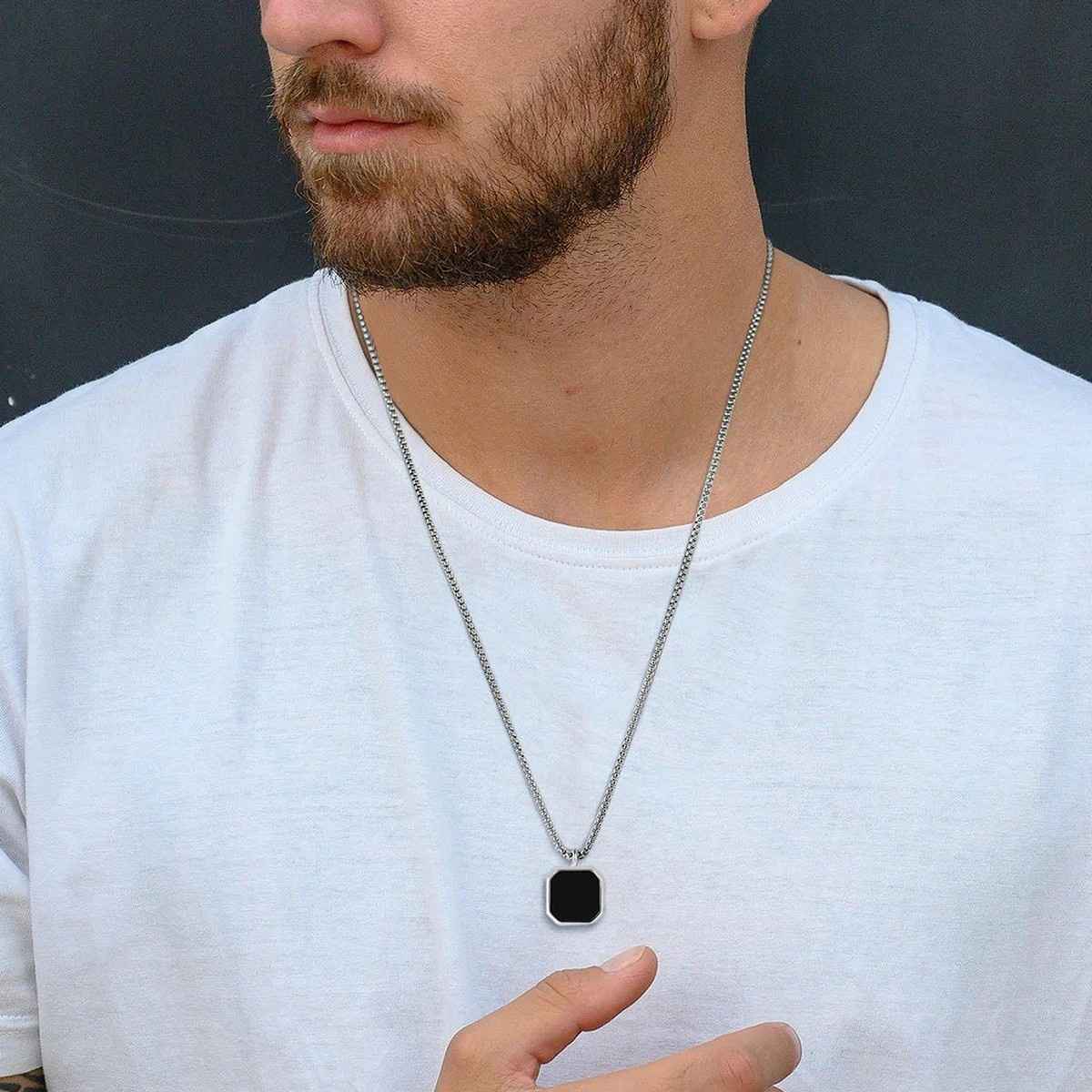 Fashion Frill Men Square Shaped Pendant Chain Silver Onesize