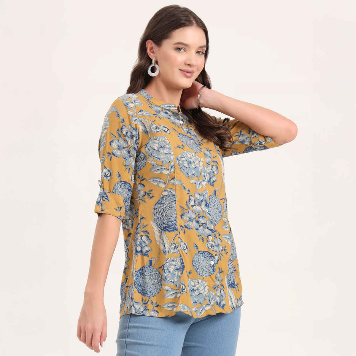 Divena Women's Rayon Rollup Sleeves A-Line Top | DBK1439 | Mustard - S