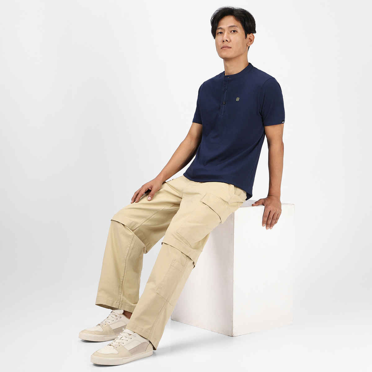 Urbano Fashion Men's Slim Fit Solid Mandarin Collar Cotton T-Shirt | Navy Blue - L