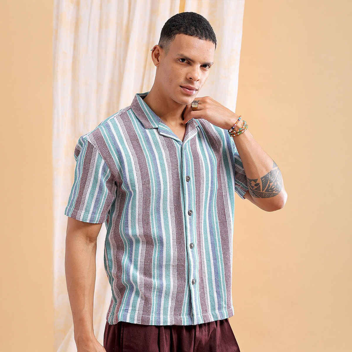 The Indian Garage Co Men's Relaxed Fit Striped Resort Half Sleeve Shirt | Maroon - S