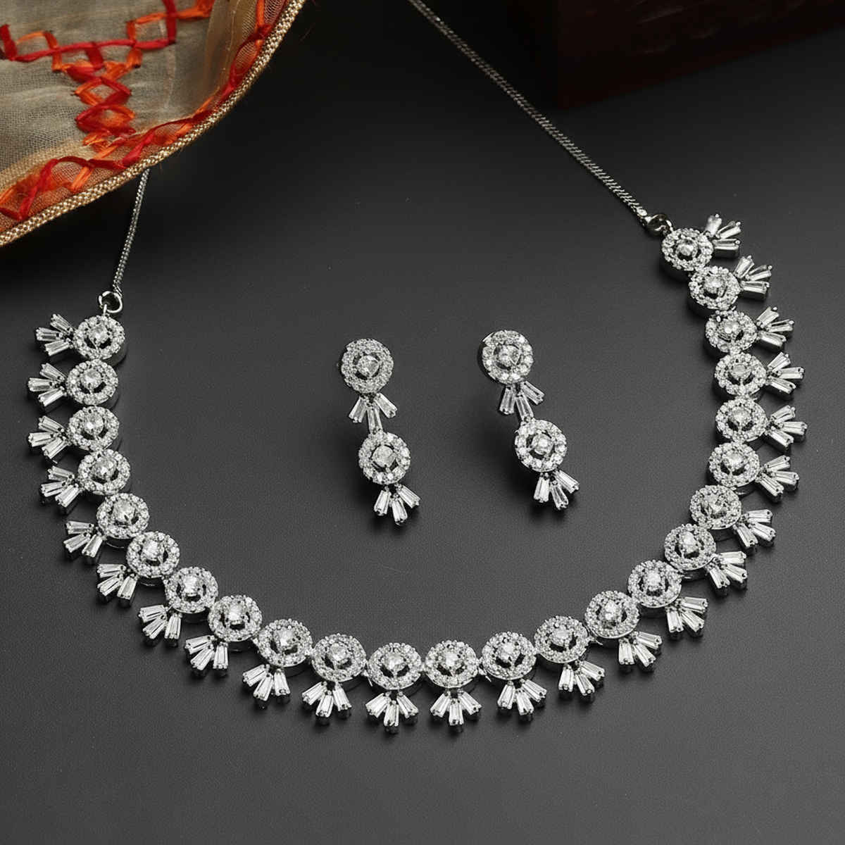 Zeneme Rhodium-Plated White AD-Studded Jewellery Set For Women & Girls