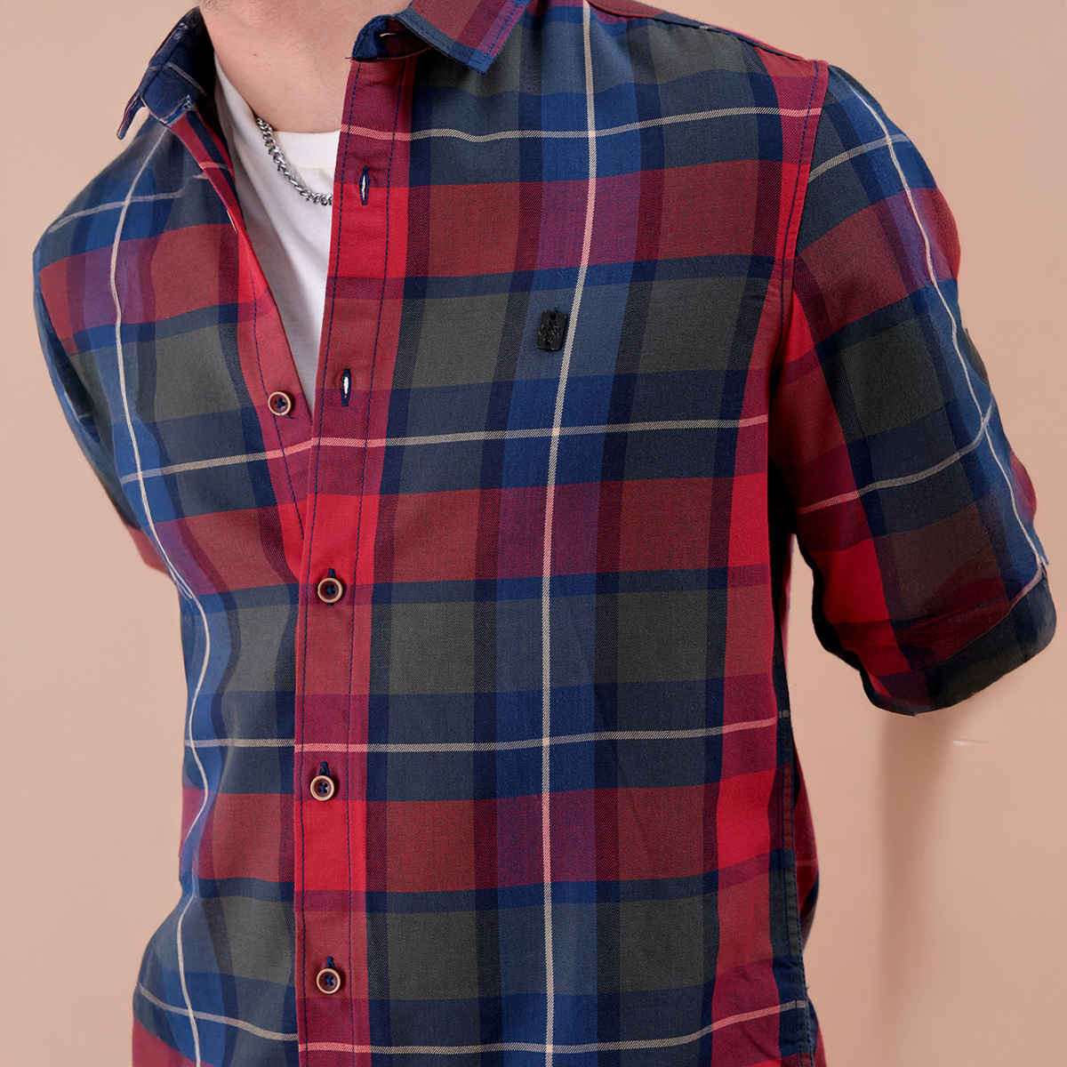 The Indian Garage Co Men's Regular Fit Checked Casual Shirt | Red - XL