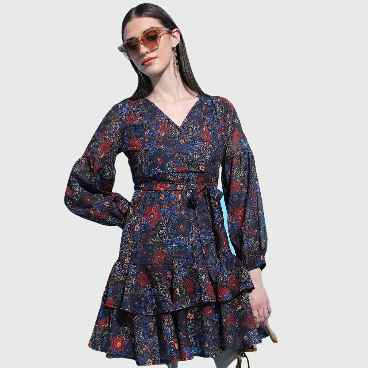 Ketch Women's Floral Printed Puff Sleeve Tie-Up Fit & Flare Dress | Multicolor - M