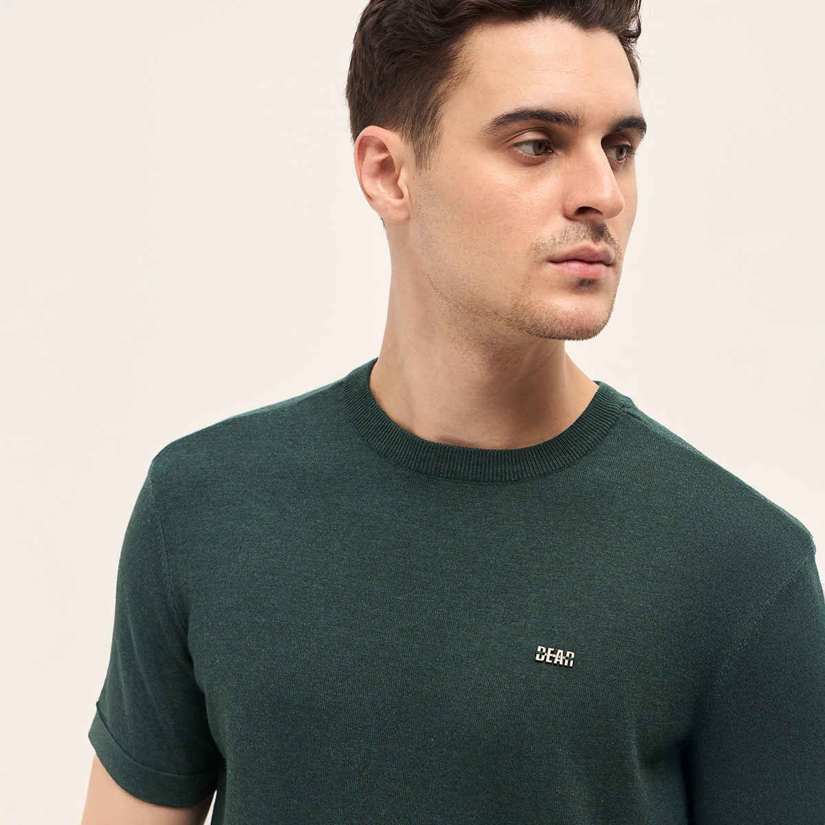 THE BEAR HOUSE Men's Cotton Solid Crew Neck T-Shirt | TSH-TIMNEH-GR | Green - S