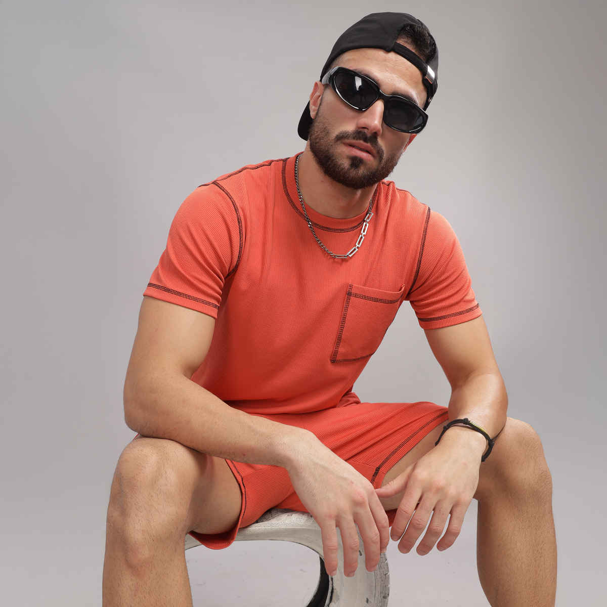 FTX Men's Structured Fabric Solid Regular Fit Co-ord Set T-shirt & Shorts | Rust - M