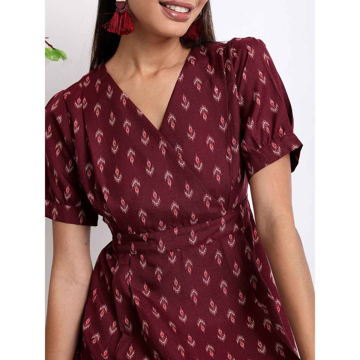 Ketch Women's Ethnic Motifs Printed Gathered A-Line Midi Dress | Brown - S
