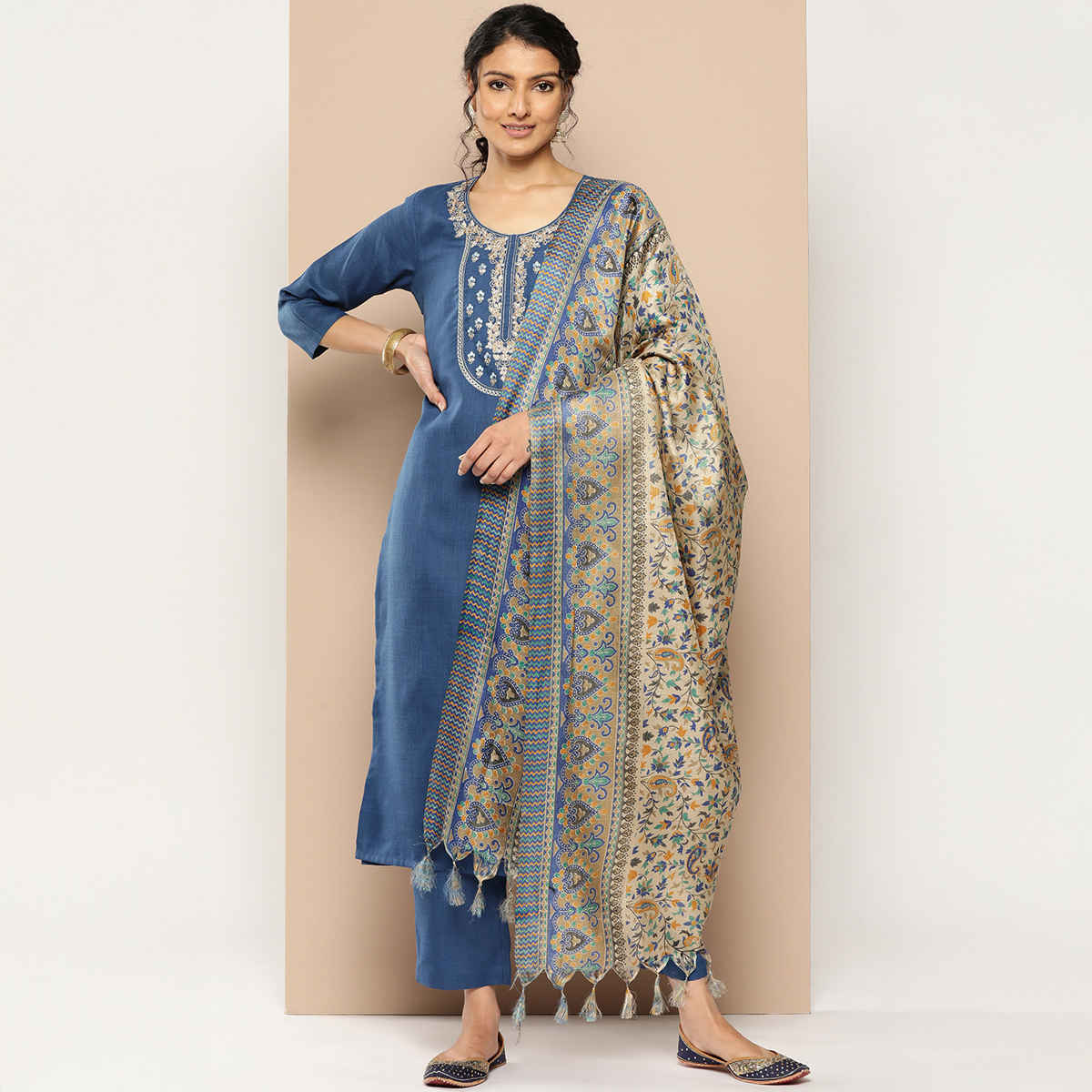 Varanga Women's Embroidered Straight Kurta Paired with Tonal Bottom And Printed Dupatta | Blue - L