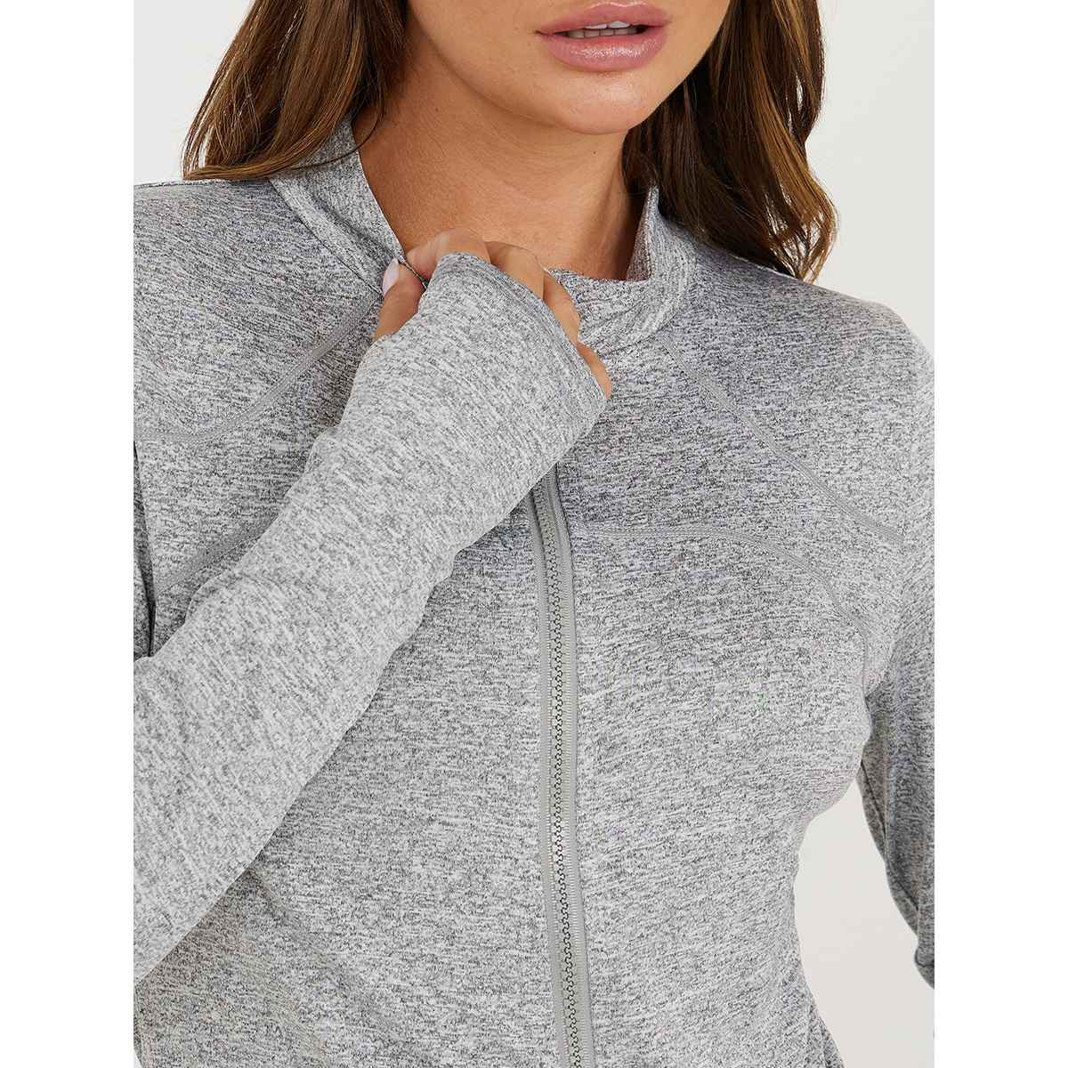 Styli Women's Zip Jacket with Tonal Contour Stitch and Thumbhole Detail | Grey Melange - M